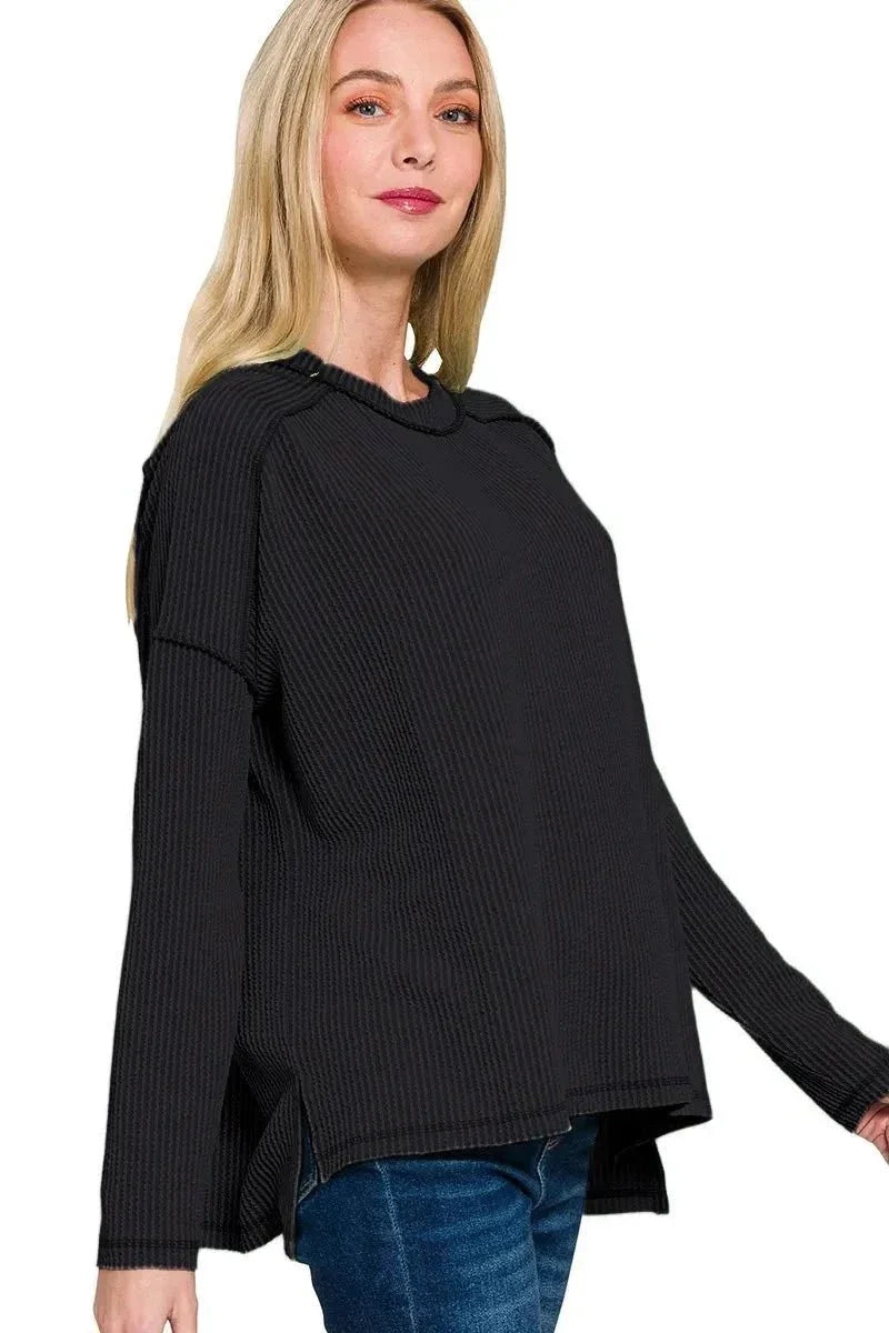 Zenana Full Size Exposed Seam Long Sleeve Corded Rib Knit Top Plus Size - VILLA FASHION